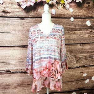 One World Women’s Beaded Floral Printed Bell Sleeve V-Neck Blouse Tunic